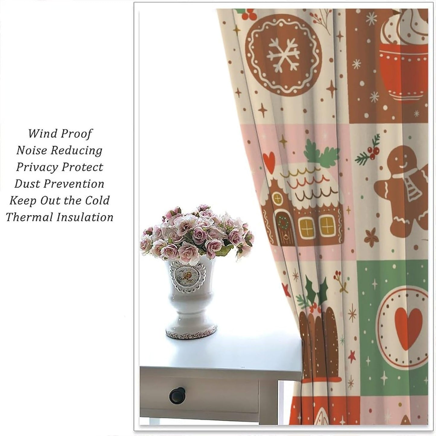 Regine Switzerland Christmas Patchwork Curtains - Hand-Drawn Gingerbread House Design | Winter Holiday Drapes (W20xL45 Inch) - Set of 2