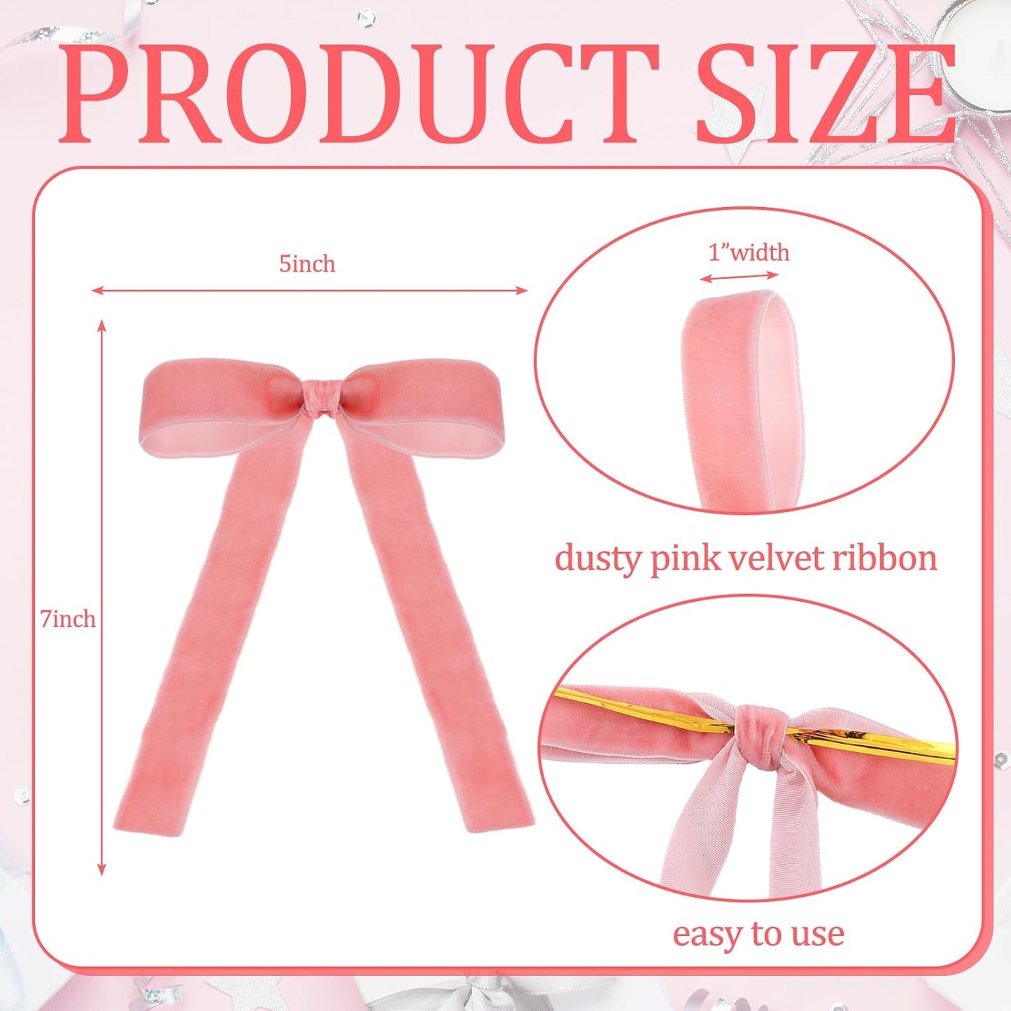 Skiennix 24 Pcs Velvet Bows - Vintage Ribbon Bows for Christmas Tree & Crafts | Dusty Pink, 5 x 7 Inch