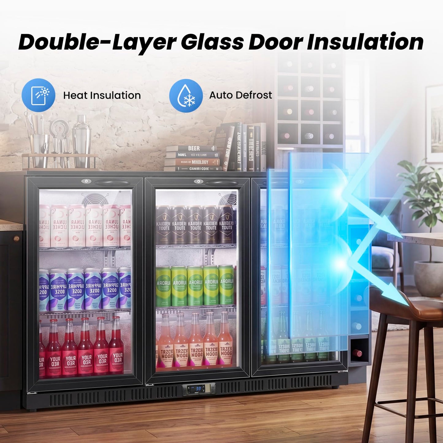 53.15" W Commercial Under Counter Beverage Refrigerator, 3 Glass Door Back Bar Cooler, Built-in/Freestanding 12Cuft Drink Fridge with LED Light, Auto Defrost, Low-E Glass & Safety Lock, Rebound door