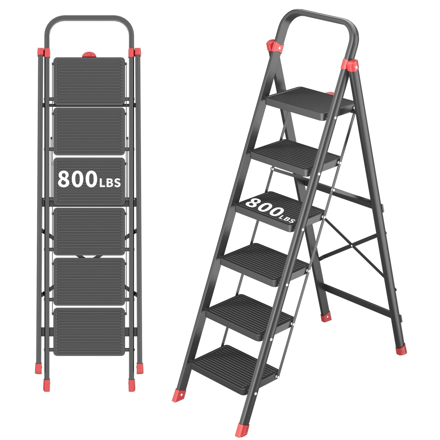 DIAMONDFORGE 6-Step Folding Step Stool Ladder with Handle, Anti-Slip Wide Pedals & Feet, 800lbs Capacity Sturdy Ladder for Home Kitchen Adults, Black Red