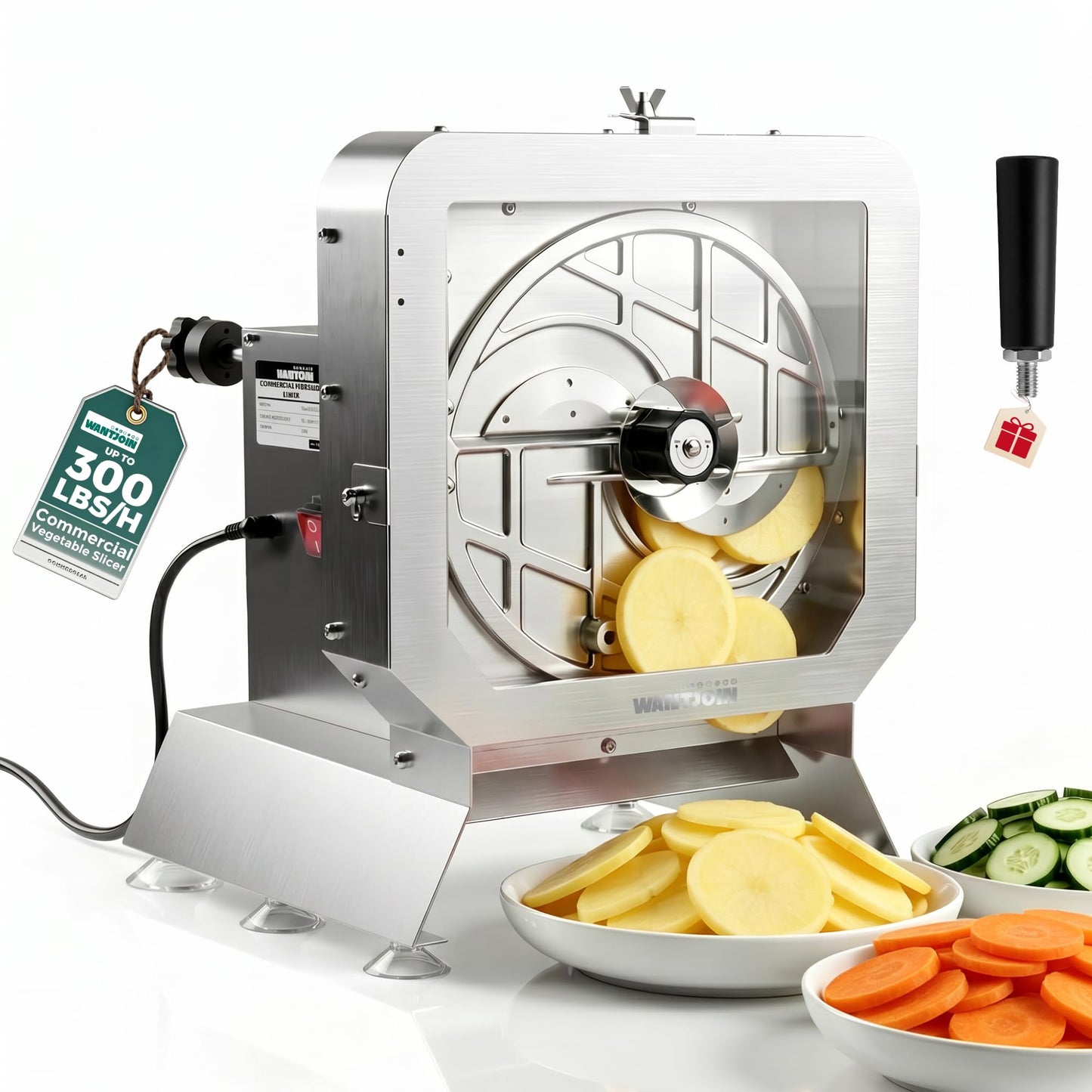 WantJoin Commercial Electric Vegetable Slicer - Upgraded Glass Window 290LBS/H Vegetable Slicer Machine w/ 0-0.4" Adjustable Thickness, Stainless Steel Blade,For Catering Food Prep - White
