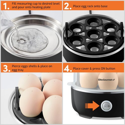 Elite Gourmet Easy Egg Cooker - Electric 7-Egg Capacity for Soft, Medium, Hard-Boiled Eggs | BPA Free, Classic Black