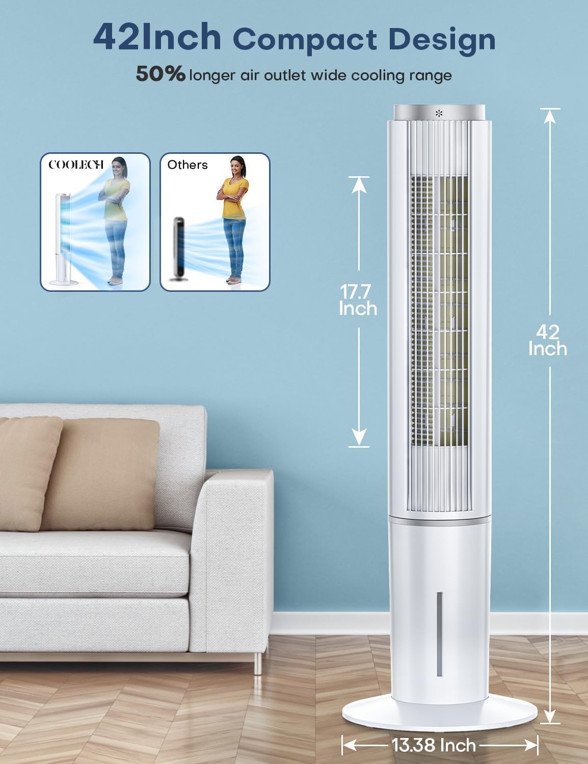 COOLECH 42 INCH Portable Air Conditioners w/Remote & LED Touch Screen, 4 Modes & 3 Speeds, 1-Gal Tank for 15H Cooling Evaporative Air Cooler, 12H Timer for Smart Auto-Off, 90° Oscillating Swamp Cooler