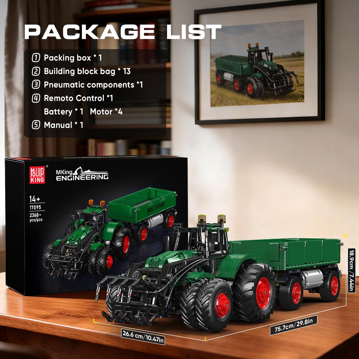 Mould King 17095 Farm Tractor with Trailer, Remote Control Tractors Building Set with 4 Motors, Buildabe Farm Vehicle Toy to Play, Construction Car Model for Adults, Ideal Gifts (2368 Pieces)