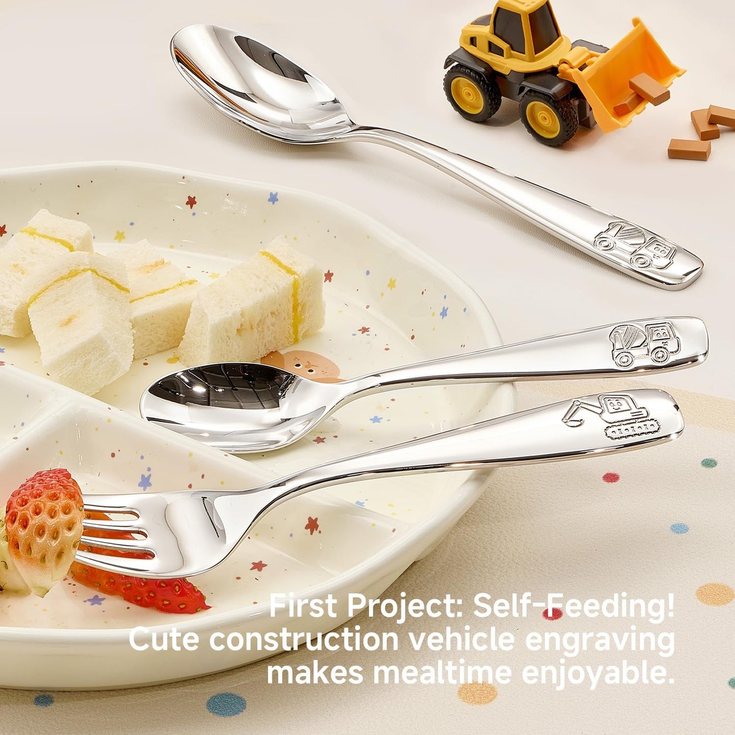KINGSTONE Toddler Utensils Set with Case, 18/10 Stainless Steel Kids Silverware - Small Fork & Spoon, Construction Vehicle, Digger & Dump Truck Food-Grade Toddler Dishes, Dishwasher Safe