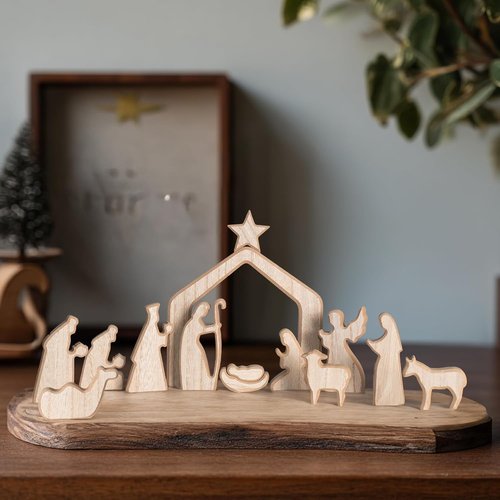 Nerosun Nativity Scene Set - 13-Piece Wooden Christmas Figurines | Minimalist Boho Manger Decor for Home