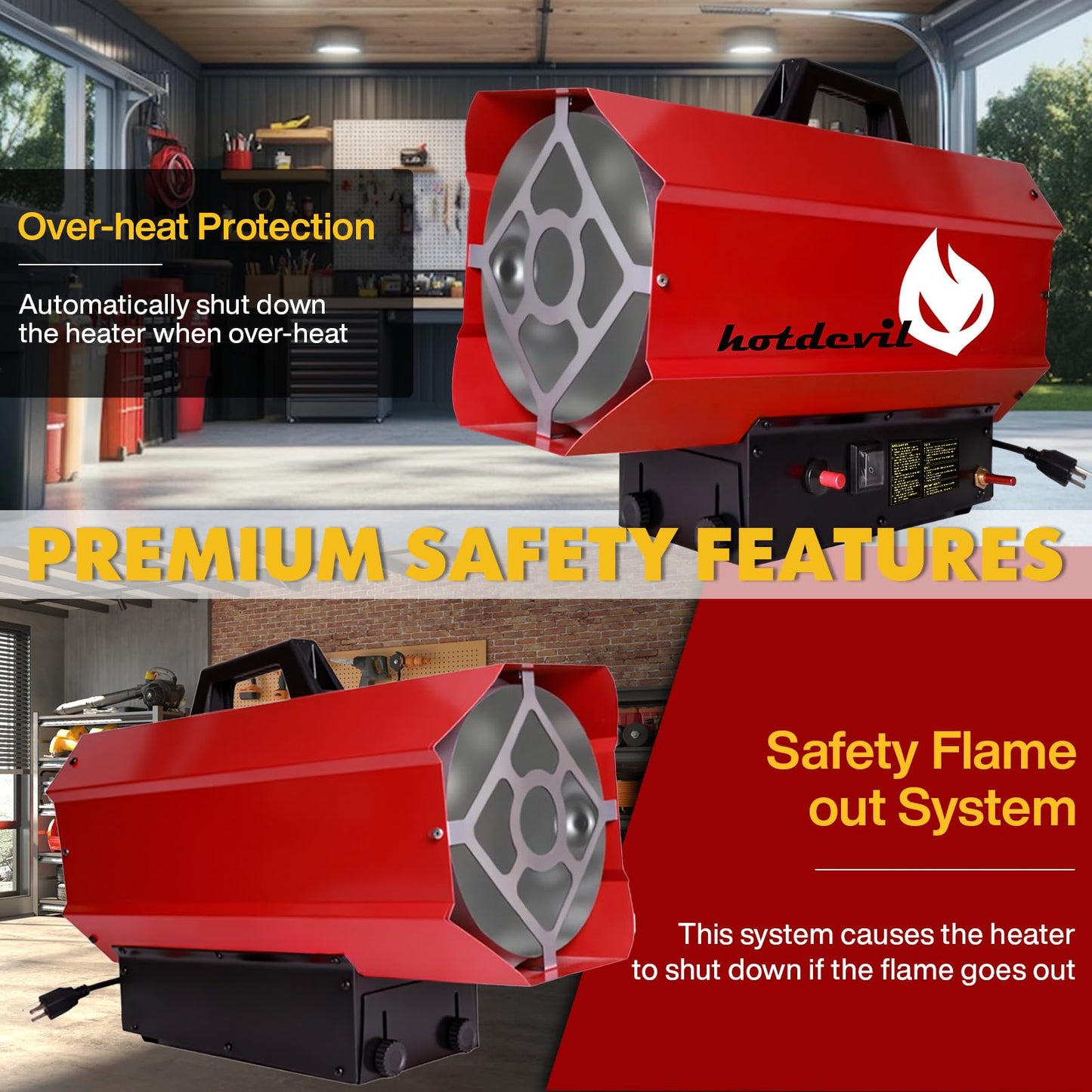 Hotdevil 85,000 BTU Forced Air Propane Heater(Non-adjustable Firepower),Thermally Protected, Heavy-Duty Garage Heater For Warehouses,Barns and Workshops up to 2200 Sq feet（Gas Cylinder not Include）