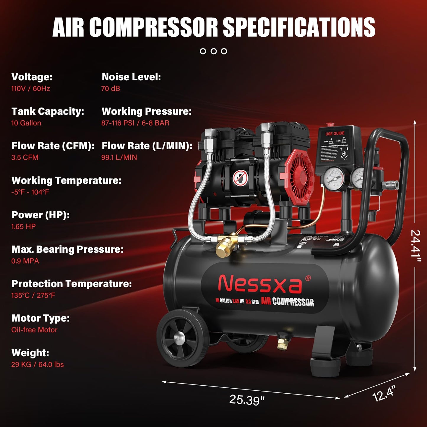 10 Gallon Ultra Quiet Air Compressor, Oil-Free Air Compressor Tank with Two Quick Couplers, 2HP 8.76 CFM@115PSI Pressure 70dB Electric Air Compressor for Woodwork Nailing, Garage, Auto Repair