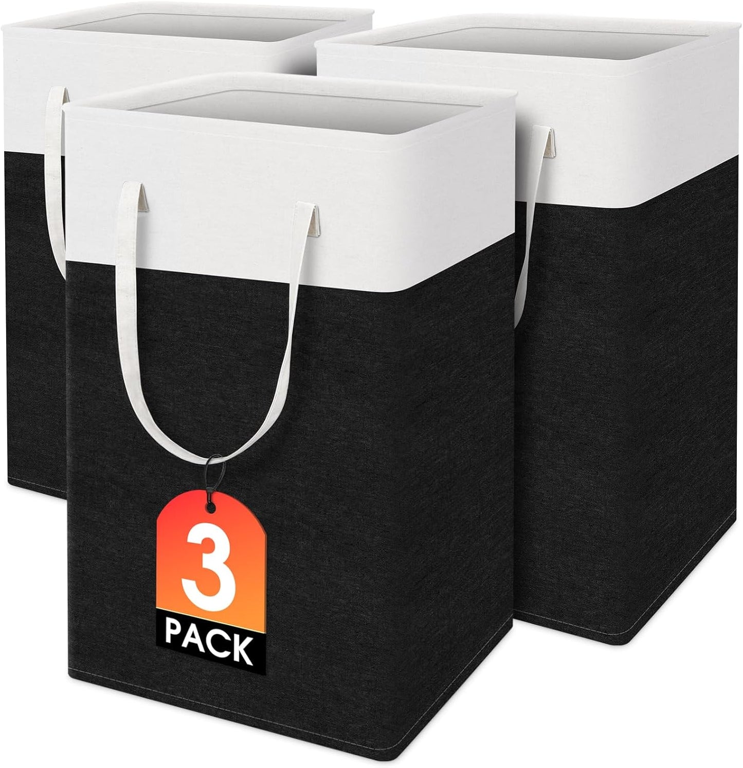 TasticTotes Laundry Basket 3-Pack - Collapsible Waterproof Hamper with Handles | 75L Black