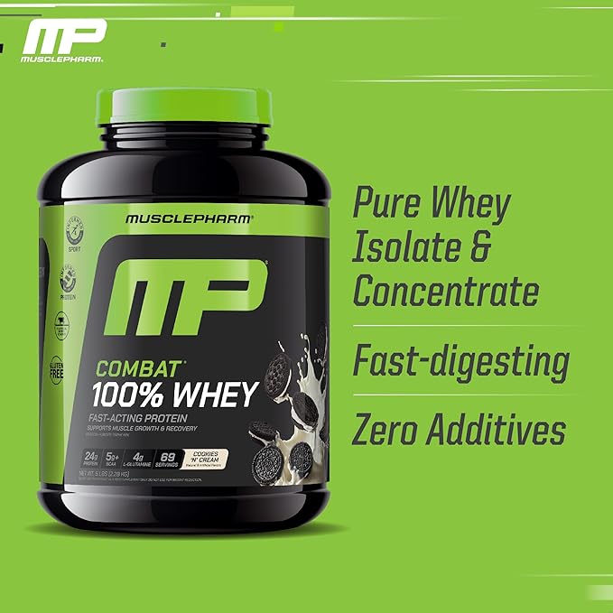 MusclePharm Combat 100% Whey Protein Powder, Cookies ?˜N??Cream Flavor, Fast Recovery & Muscle Gain with Whey Protein Isolate, High Protein Powder for Women & Men, Gluten Free, 5 lb, 69 Servings