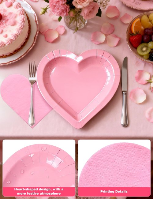 Diltik Pink Heart Shaped Party Plates and Napkins Set – 25PCS 9 Inch Disposable Paper Plates with 25PCS Heart Napkins for Birthday, Mother’s Day, Bridal Shower, Girls Party Decorations