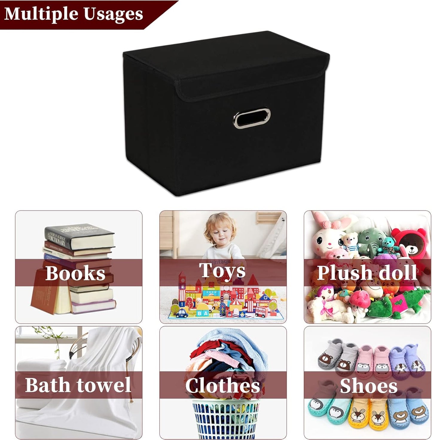STOREONE Fabric Storage Cube Bins - Foldable Organizer with Lids & Metal Handles | Black, Set of 3