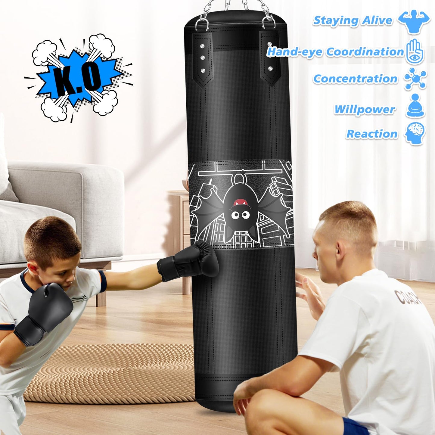 Kids Punching Bag Set, 2.75ft Filled Heavy Bag Kickboxing Bag with 2KG Sponge & 6oz Gloves, Hanging Boxing Bag for Kids Youth Boxing, MMA, Muay Thai, Karate, Martial Art, Home Gym Training