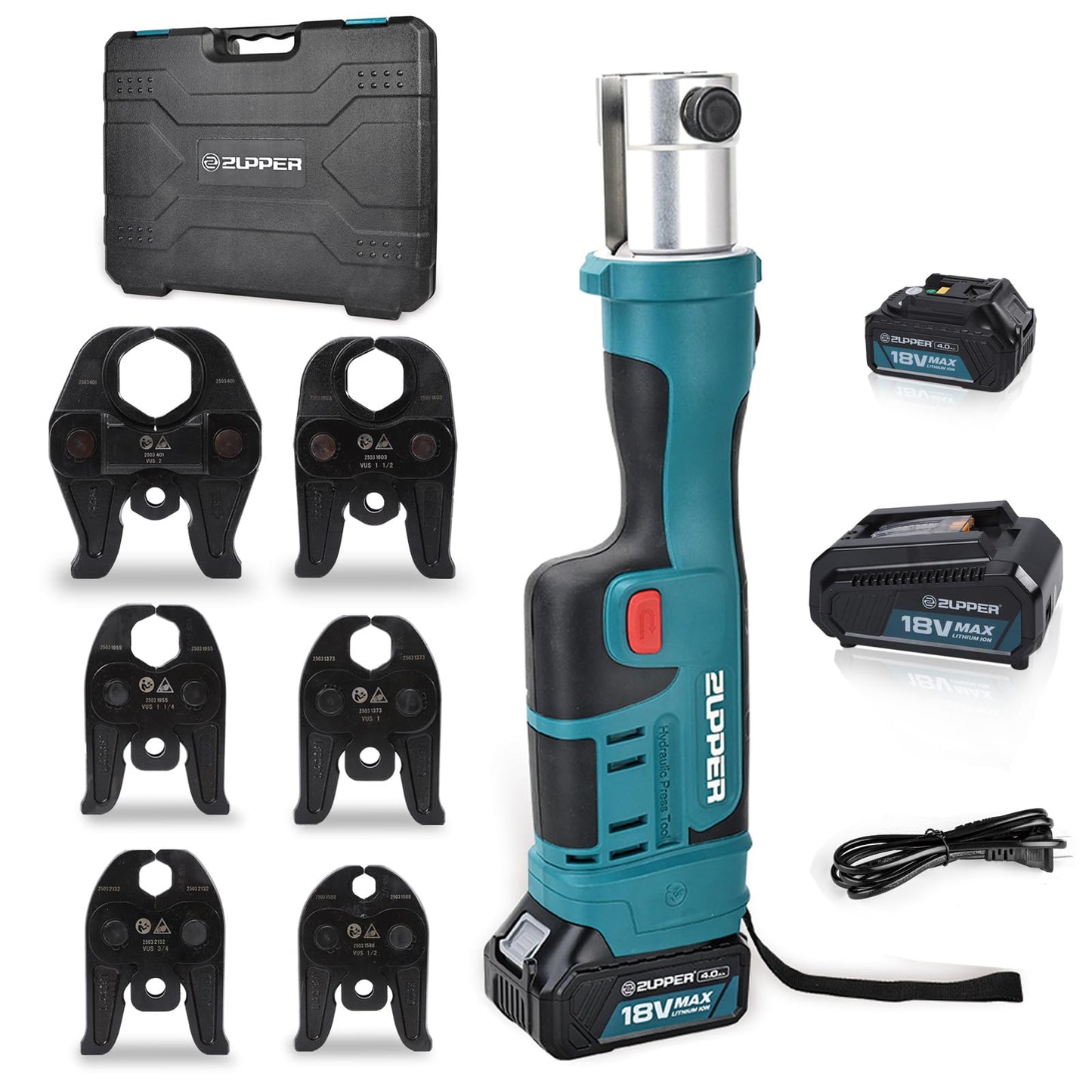 ZUPPER Press Tool,18V Electric Copper Crimper Tool with 6 Copper Press Jaws 1/2" to 2" Standard Copper Press Tool Kit Compatible with Propress Fittings,2PCS 4AH Batteries, Fast Charger & Carrying Case