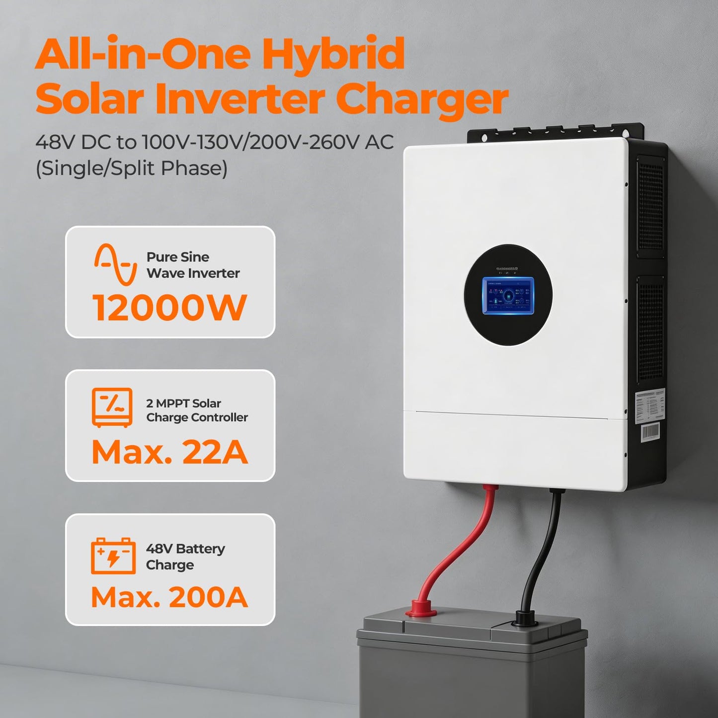 AuraSolar 12000W Hybrid Solar Inverter 48V DC to 120V/240V AC Split Phase, Pure Sine Wave Inverter Built-in 2 MPPT 200A Charge Controller, Power Converter for Home Backup Off Grid Solar System