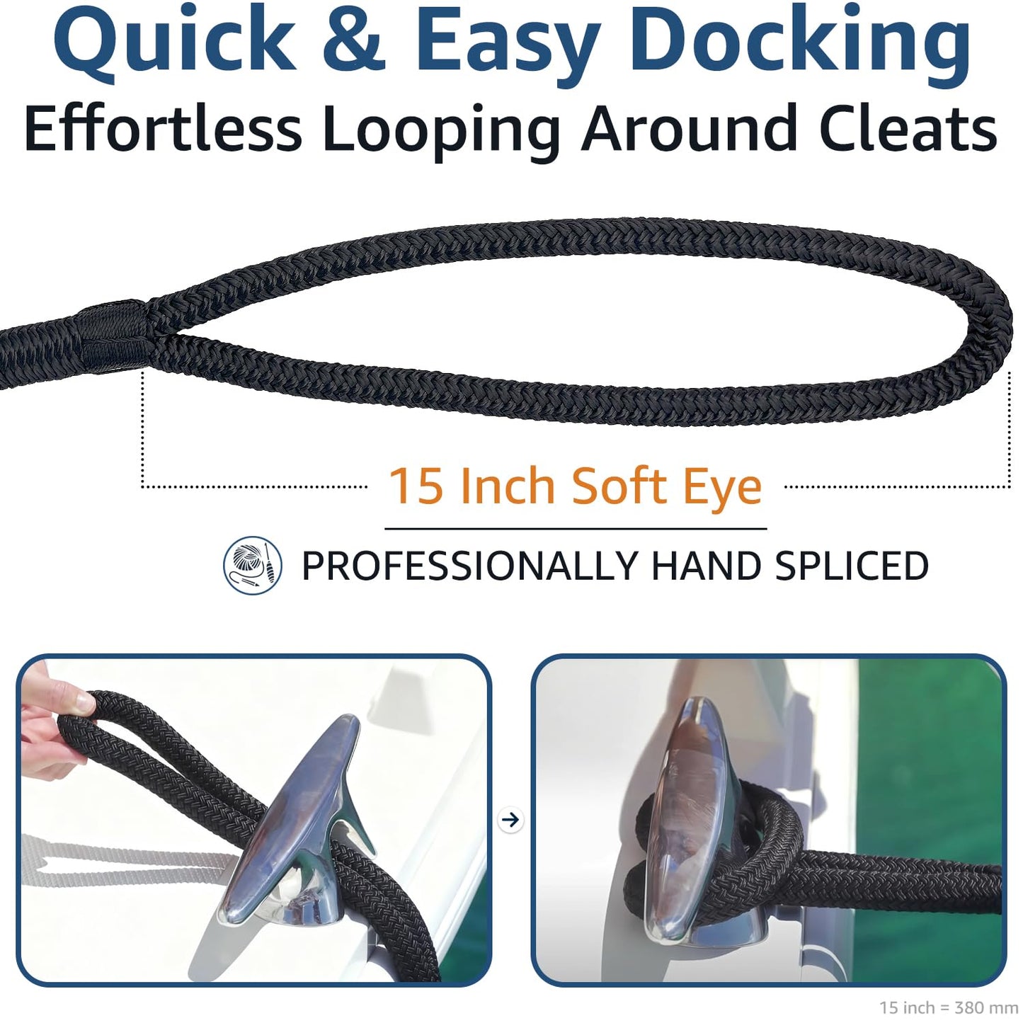 PACTHSD 2 Pack 3/4" x 15' Dock Lines - Marine Grade Nylon Boat Rope with 15" Loop for Docking and Mooring - Double Braided Boat Lines, High Strength, Easy Handling, Fray Resistant - Black