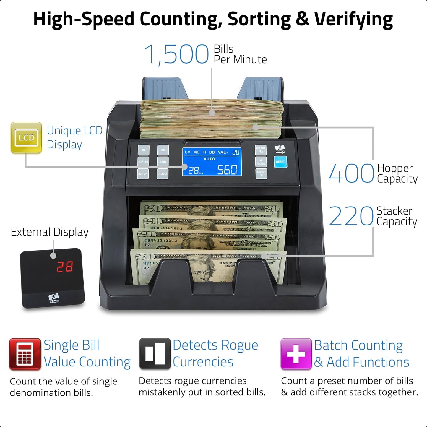 ZZap Bill Value Counter & Counterfeit Detector - Money Cash Currency Machine (NC25)