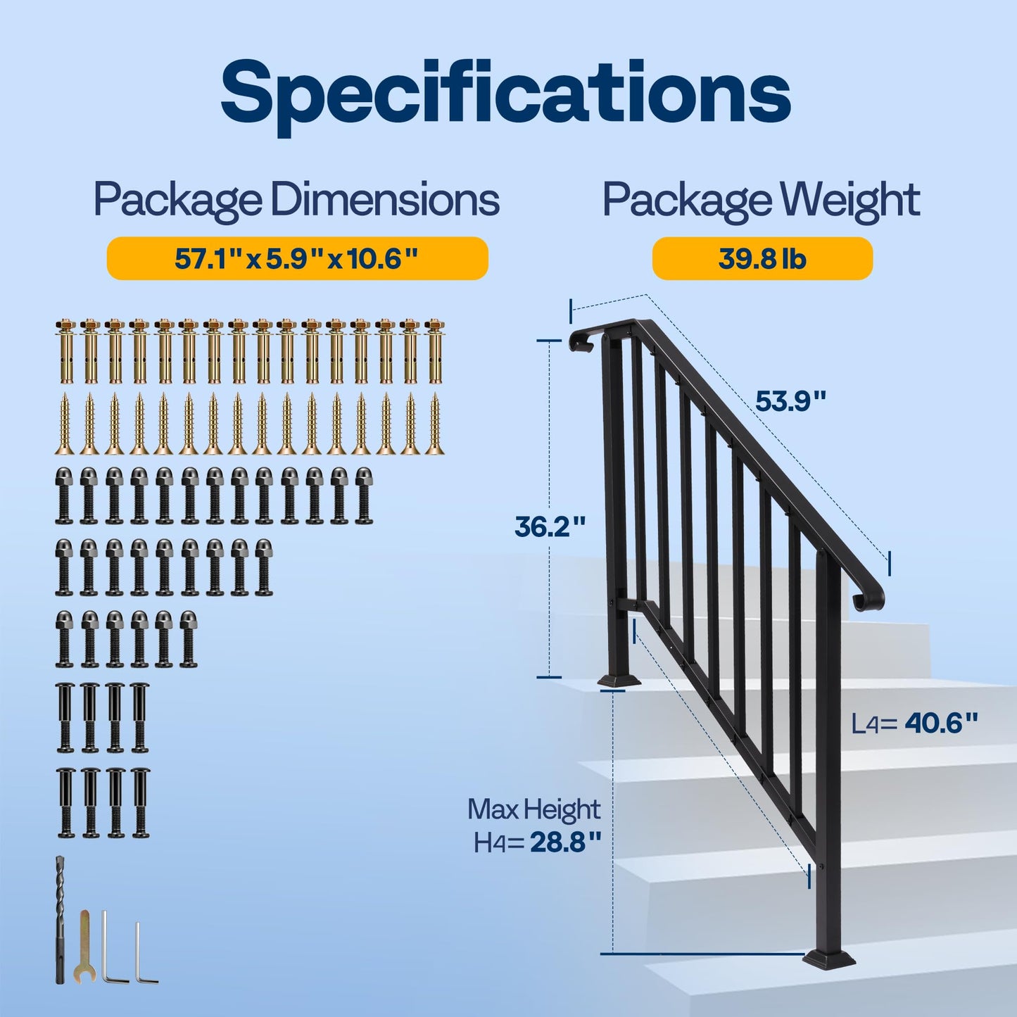 VIVOHOME 2-Pack Galvanized Steel Hand Rails for Outdoor Steps – 40.6" Curved Ends and Safety Balusters Exterior Railing Kit for Porch, Deck, or Indoor Stairs (4-Step, Black)