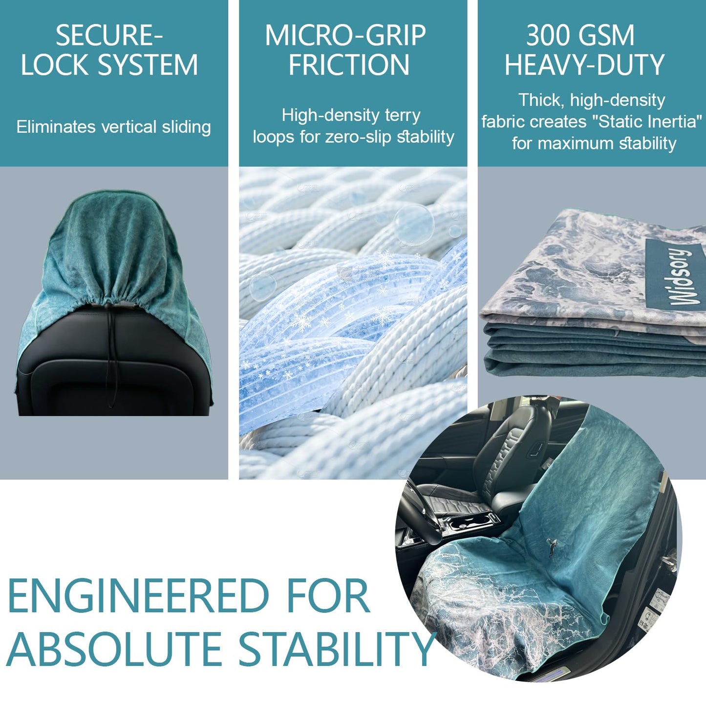 Widsory Car Seat Cover Towel – 300GSM Heavy Duty Microfiber Seat Protector, No-Slip Drawstring Headrest Lock, Sweat & Sun Protection for Gym, Beach, SUV & Truck, Machine Washable