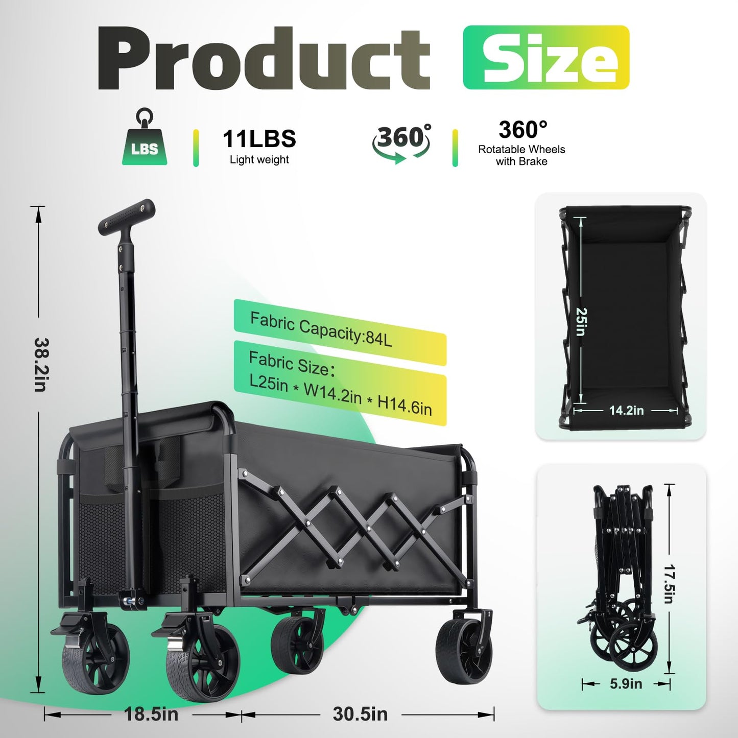 Collapsible Wagon Cart with Wheels Foldable - 360lbs Heavy Duty Folding Cart Utility Lightweight Portable Wagons with 360°Swivel Brakes Wheels for Groceries Shopping Beach Camping Garden