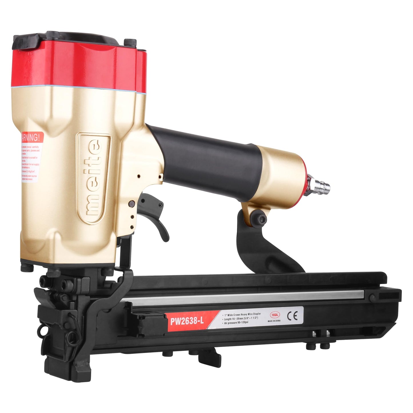 meite 16 Gauge 1-Inch Wide Crown Stapler, Pneumatic Heavy Duty Staple Gun for Roofing & Lathing, Tool-Free Jam Release & Visible Mag, Accepts 5/8"- 1-1/2" P-Type Staples PW2638-L