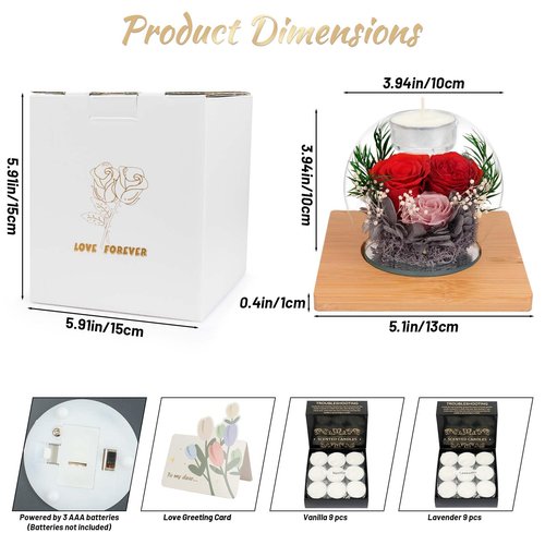 ENERLEAF Preserved Red Real Rose in Glass with Scented Candles–Forever Flower Romantic Anniversary Mothers Day Christmas Birthday Valentines Day Gifts for Her, Women, Wife, Girlfriend, Mom, Grandma
