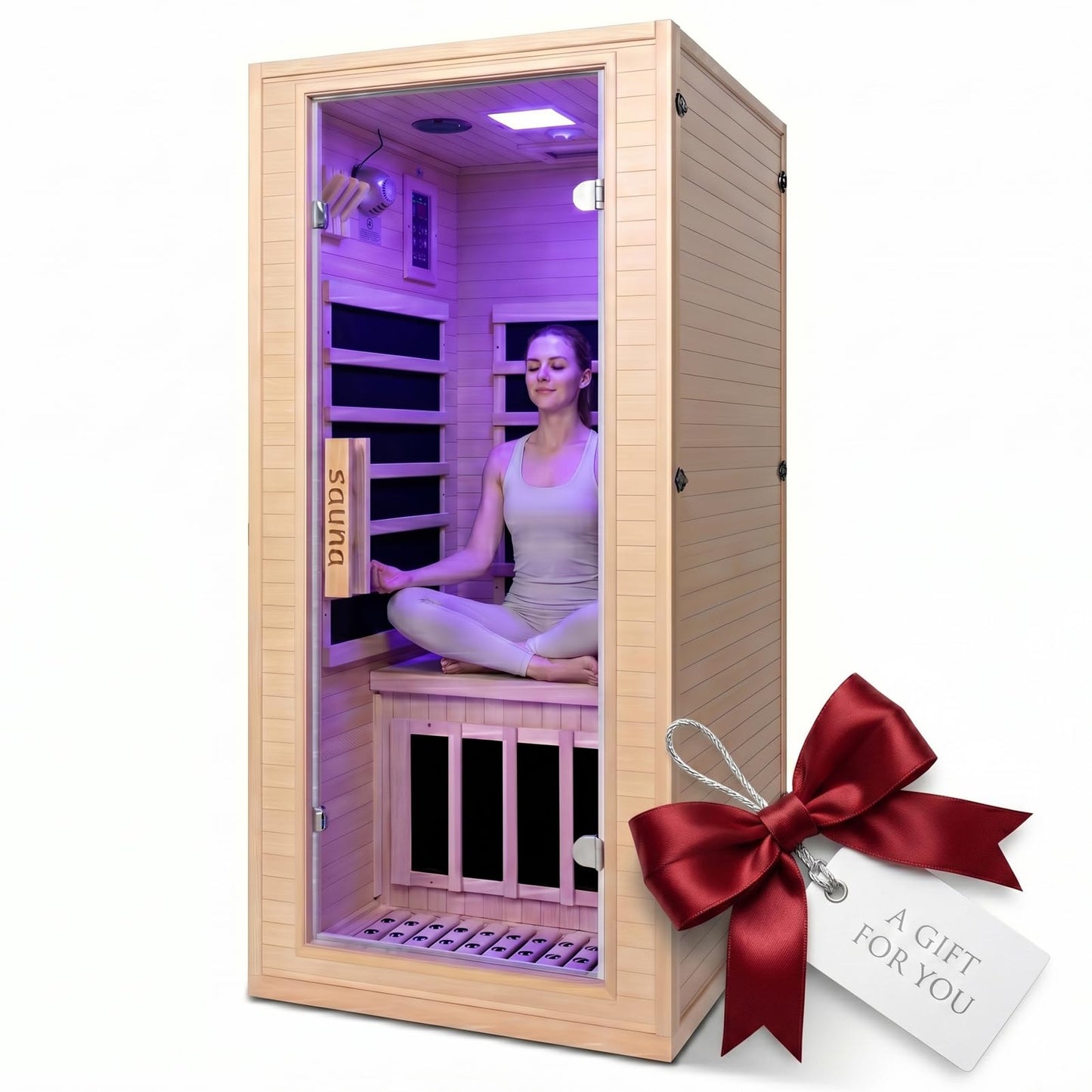 7-Color Wellness Light Infrared Sauna–1300W 110V 1-Person Indoor Wood Sauna in w/Carbon Crystal Heaters, Post-Workout Recovery & Spa Relaxation, Home Use Gift for Men & Women
