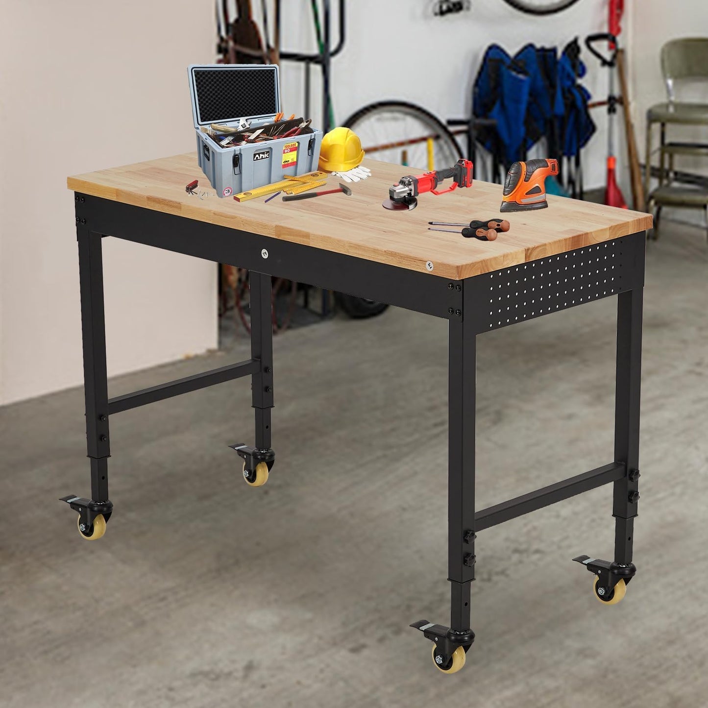 GarveeLife Adjustable Workbench,72 in x 25 in Heavy-Duty Rubber Wood Shop Table with 28.3-38.1 in Height Adjustment,2000 LBS Load Capacity,Garage Workbench with Power Outlets & Lockable Wheels