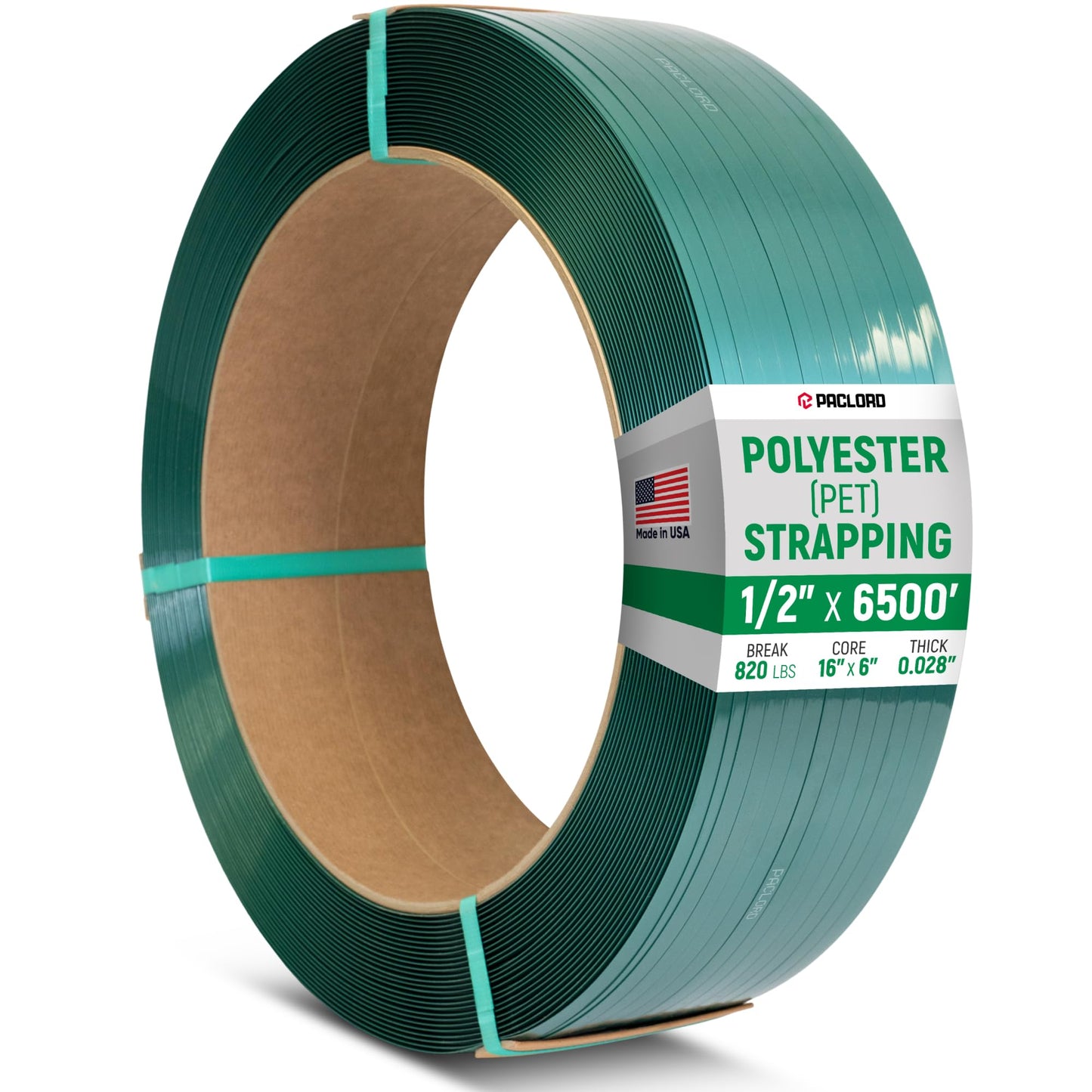 Paclord 1/2" x 6500' Industrial-Grade Polyester (PET) Strapping Coil, 0.028" Thickness, 16" x 6" Core, 820 lbs Break Strength - Green Pallet Banding Strap – Excellent Weather Resistant