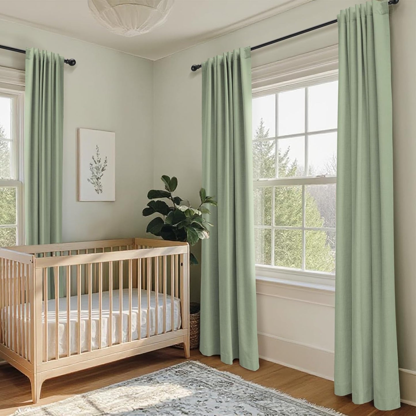 Skiennix 100% Blackout Linen Curtains - Thermal Insulated Drapes for Bedroom | 84" Long, Sage, 2 Panels Set