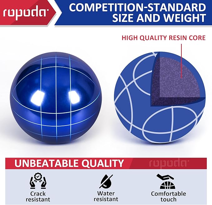 ropoda 100mm Bocce Ball Set Regulation Size and Weight with 8 Resin Bocce Balls, 50 mm Pallino, Carrying Bag, Measuring Rope, Backyard/Lawn/Beach/Outdoor, Bocci Games (Multi Colors, 2-8 Players)