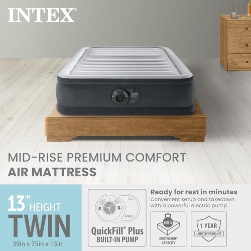 Intex Dura-Beam Deluxe Comfort-Plush Twin Air Mattress - Built-in Electric Pump - 13" Height - 300lb Capacity