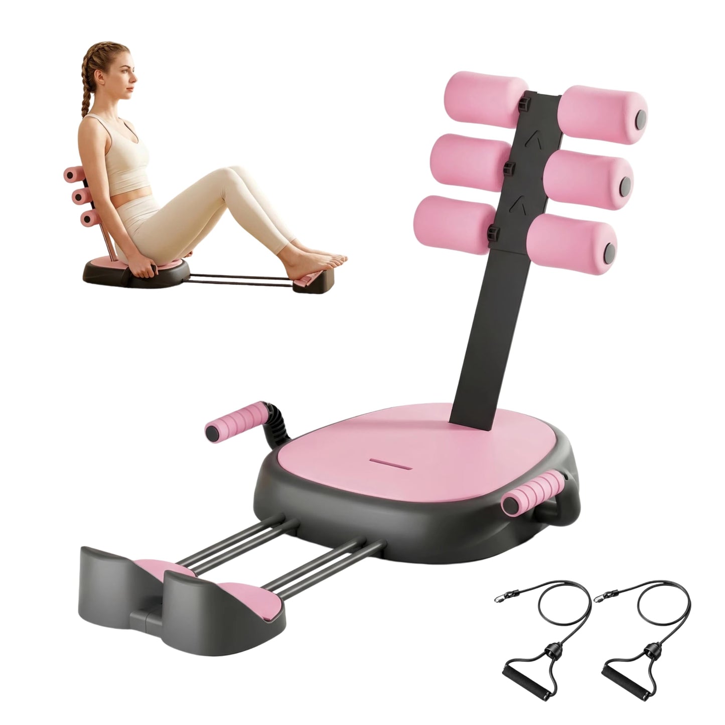 7 in 1 Ab Machine, Sit Up Exercise Equipment with Removable Auxiliary Handle, Home Workout Equipment for Abs, Legs, Arms, Ab Trainer Women Men (Pink)