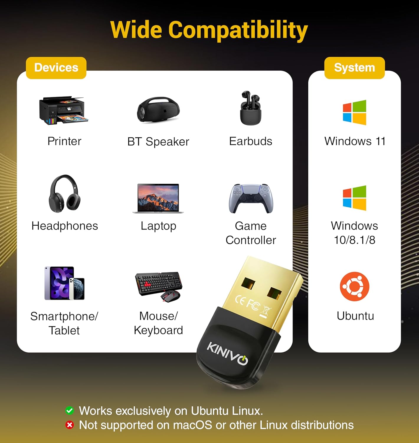 Kinivo (BT6.0, 11/10/8.1/8) Headsets, USB Bluetooth Adapter for PC Plug & Play Wireless Dongle Receiver for Ubuntu