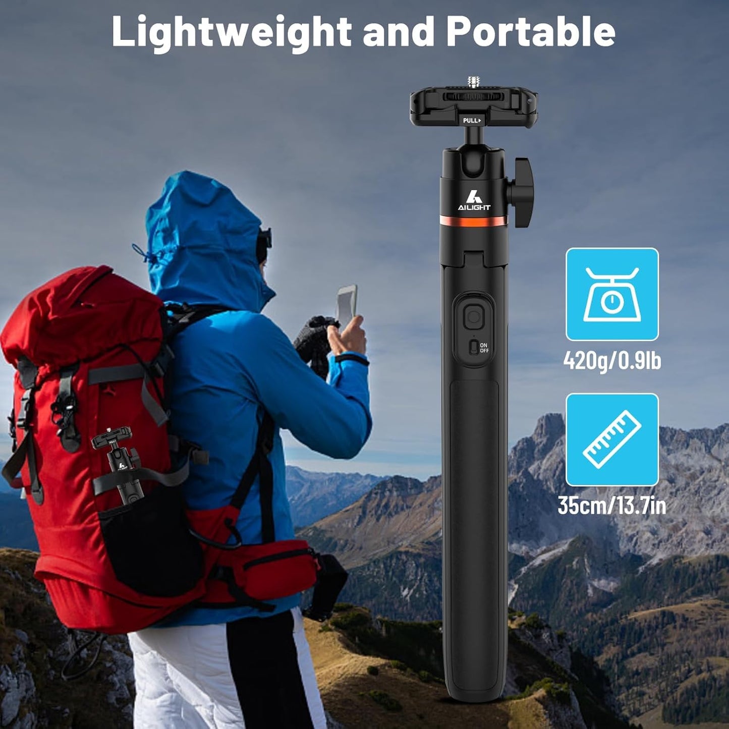 ailight 60" 360 Extendable Travel Tripod & Selfie Stick with Cold Shoe & Wireless Remote, Ball Head for Vlogging