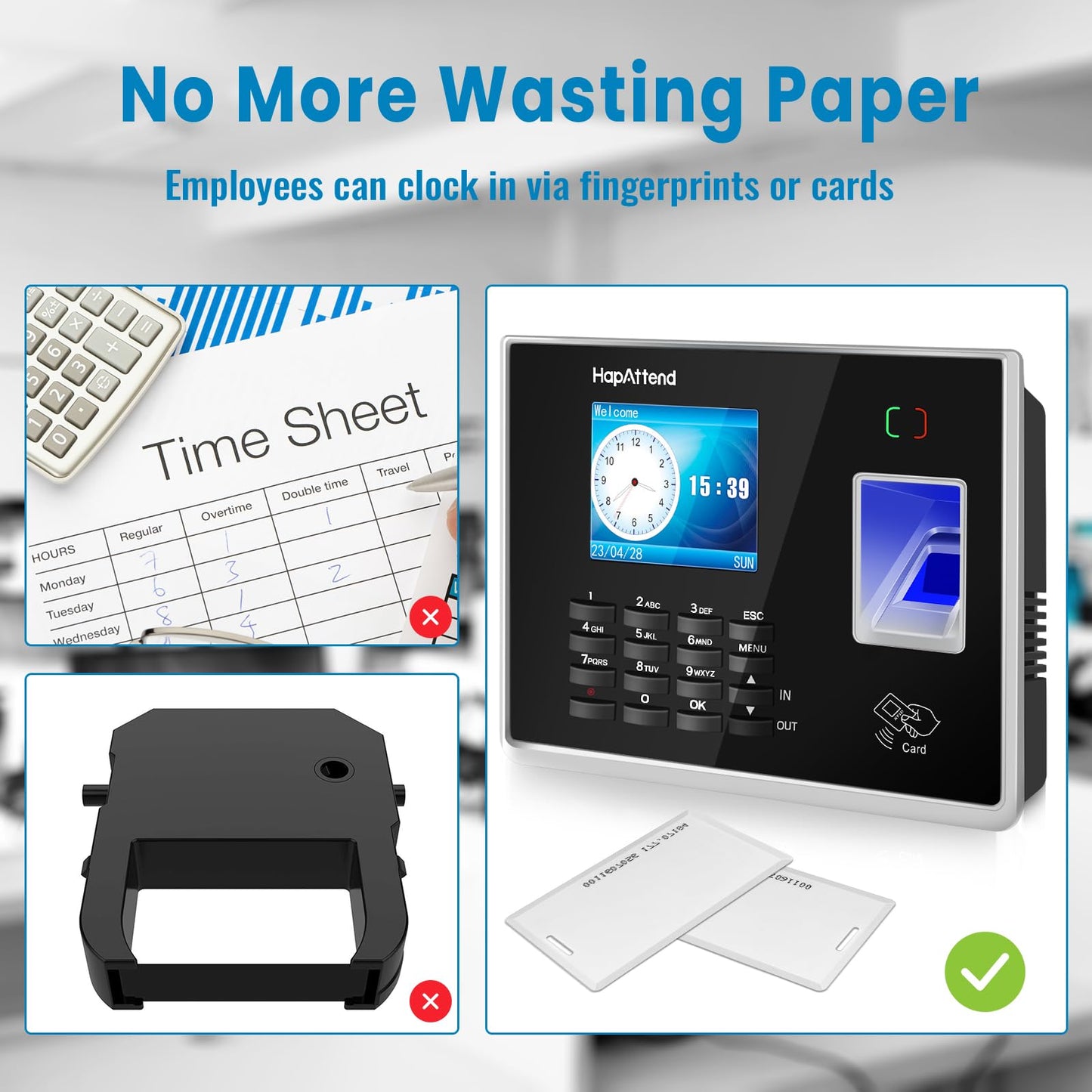 HapAttend Time Clocks for Employees Small Business Automatic Calculate Hours, H1＆H2 No Monthly Fees Fingerprint Time Clock, Standalone Biometric Clock in Machine for Employees with 5 RFID Cards