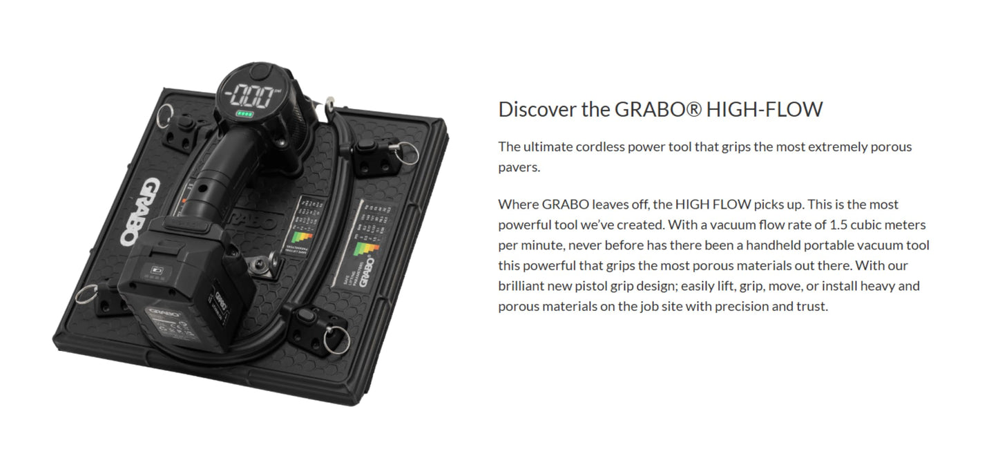 GRABO High-Flow Cordless Vacuum Lifter | 242 lbs Capacity | LED Pressure Display | Ergonomic Pistol Grip | SMART CUT Foam Seal | Lifts Porous Materials, Dry Cast Pavers | Pro Construction Tool