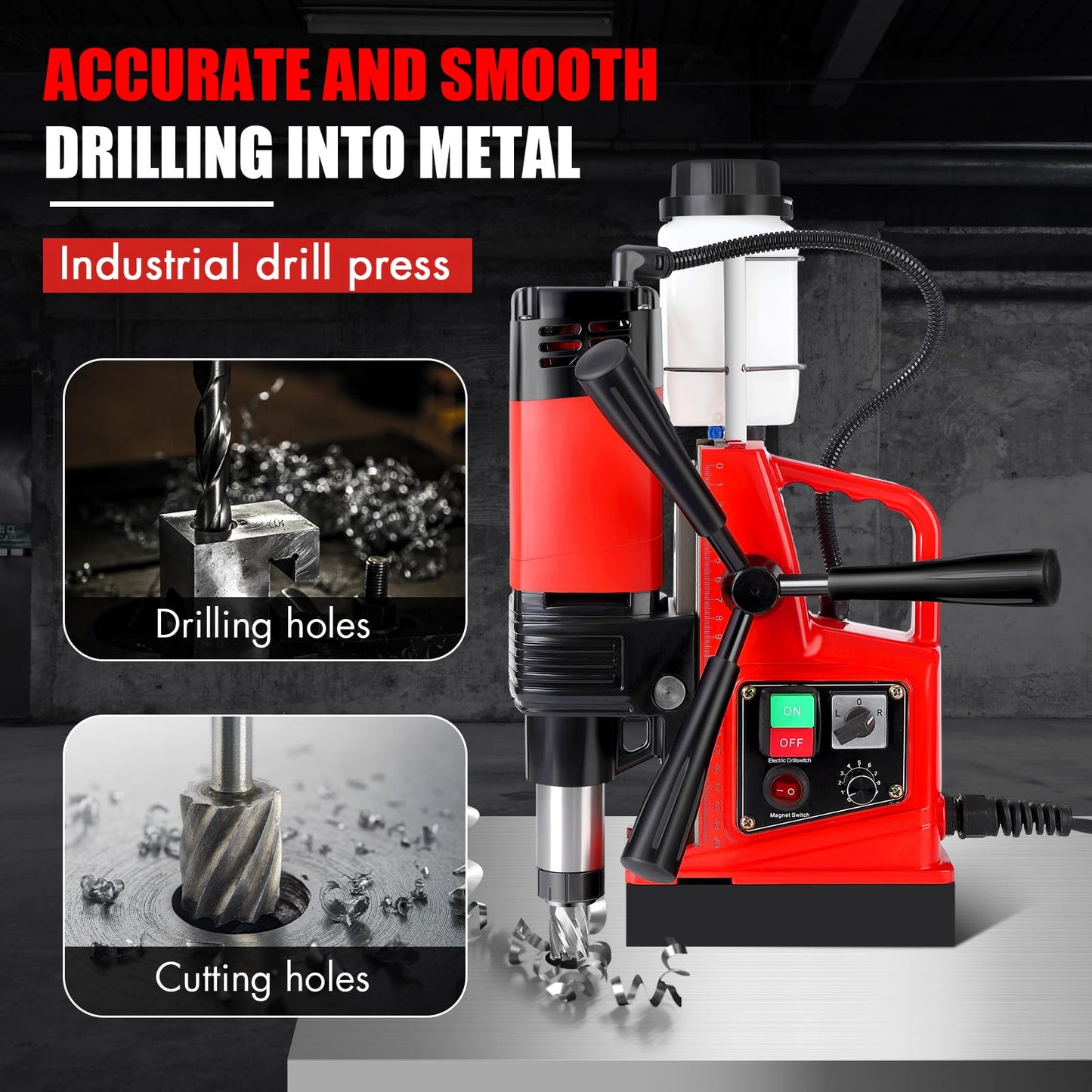 Magnetic Drill Press - Double Track, 110V, 1.6 Inch Boring Diameter, 1300W, 810 RPM, 11Pcs Drill Bits, Mag Drill, Ideal for Industrial and Home Decoration