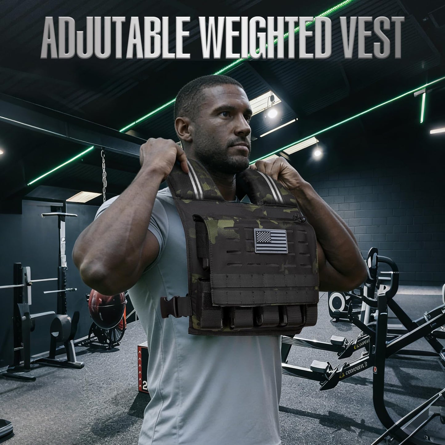 KRYLIX Adjustable Weighted Vest 0-40 lbs with Front Storage Pocket Solid Removable Iron for Muscle Building Workout Secure Waist Fit for Men Women Camo Tactical Military