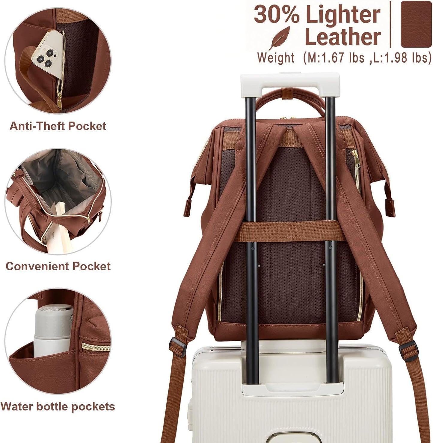 Backpack 14-15 Inch Backpack 15 Kah&Kee Leather Laptop for Women, Professional Work Bag, Water-Resistant Vegan Leather