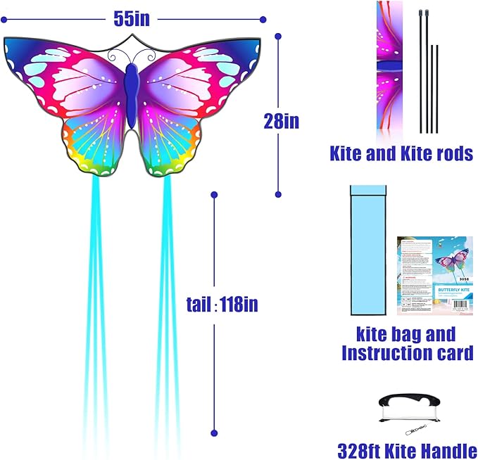 Large Butterfly Kite for Adults and Kids Ages 4-8 & 8-12 Easy to Fly, 55''X28'' Single Line Kite for Outdoor, Park or Beach.