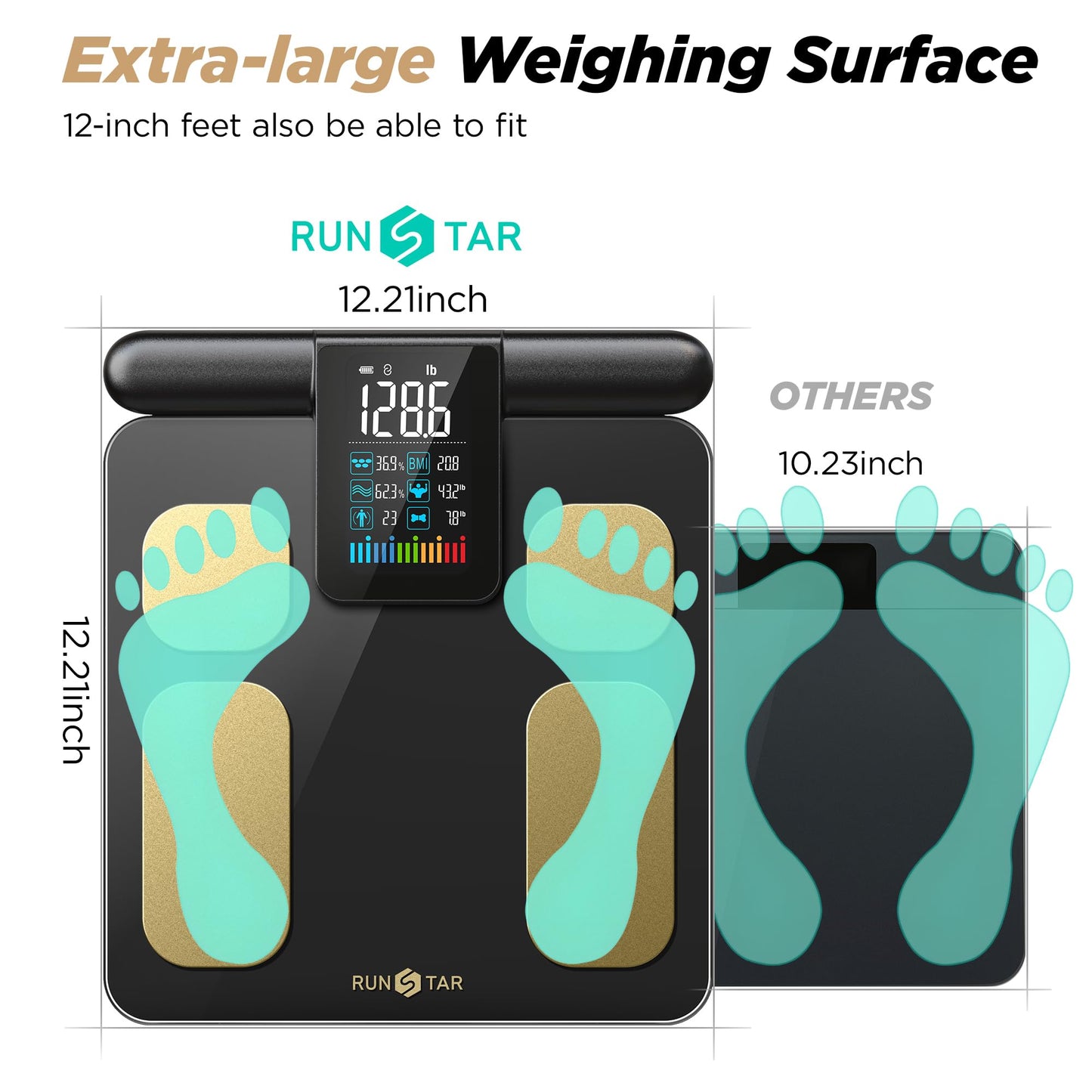 RunStar 8-Electrode Scale for Body Weight, Accurate Body Composition Scale with BMI Body Fat Muscle Mass 28 Metrics, Rechargeable Body Analyzer with Large Colorful Screen Handle, 400lb, BlackGold