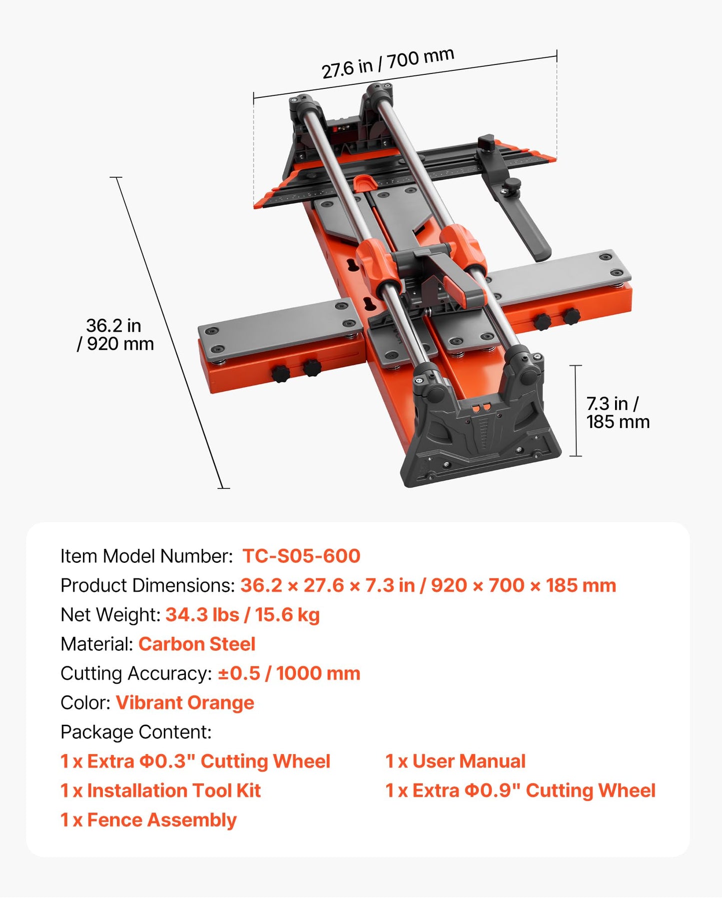 VEVOR 24-Inch Manual Tile Cutter, Upgraded Sliding Head Cutting Tool with Spring-Loaded Base, Angle Fence, Tungsten Carbide Cutting Wheel, Alignment Guide, for DIY Pros, Ceramic, Floor, Wall Tiles