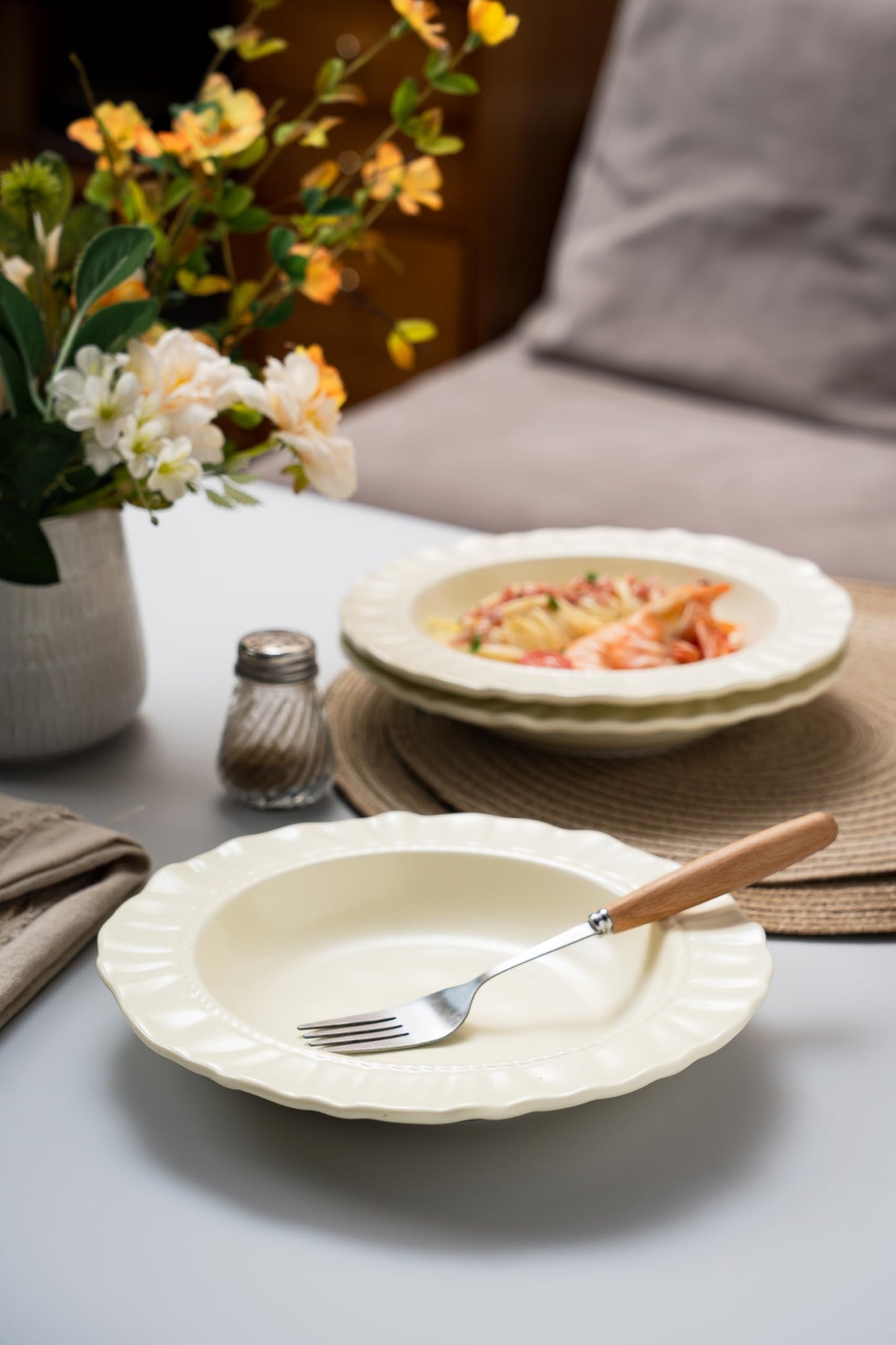 COIKZLY Ceramic Soup Bowls 8.6 in, Pasta Bowls & Plates, Cream color Floral-Embossed Wide Rim Shallow Bowls Set of 2, Italian Carving Design, Matte Finish Porcelain, Microwave & Dishwasher Safe