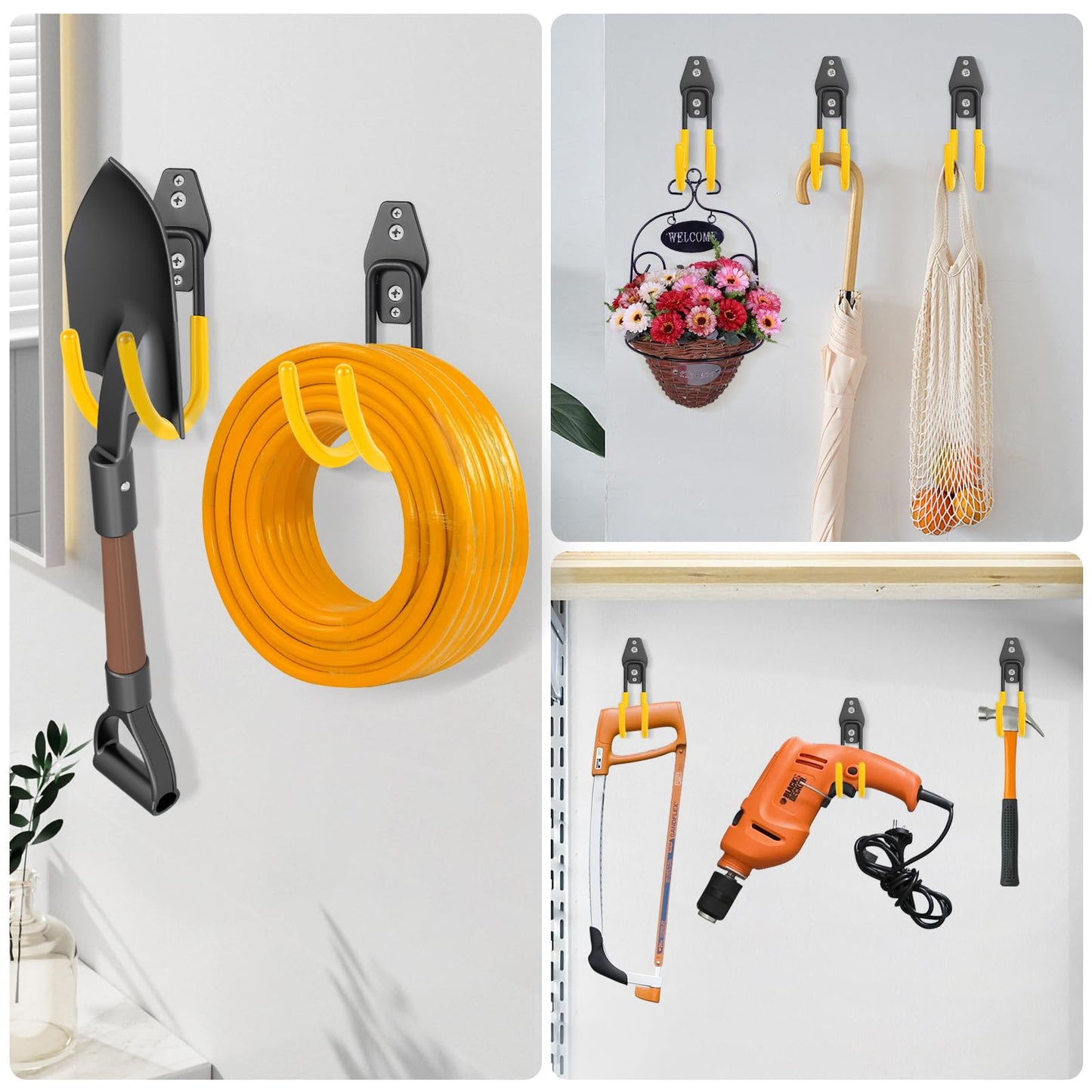 Pruite Garage Hose Hooks Wall Mount, 6 Pack Heavy Duty Storage Hooks for Garden Tools, Wall Hooks for Water Hoses, Brooms, Ladders, Garage Storage, Yellow
