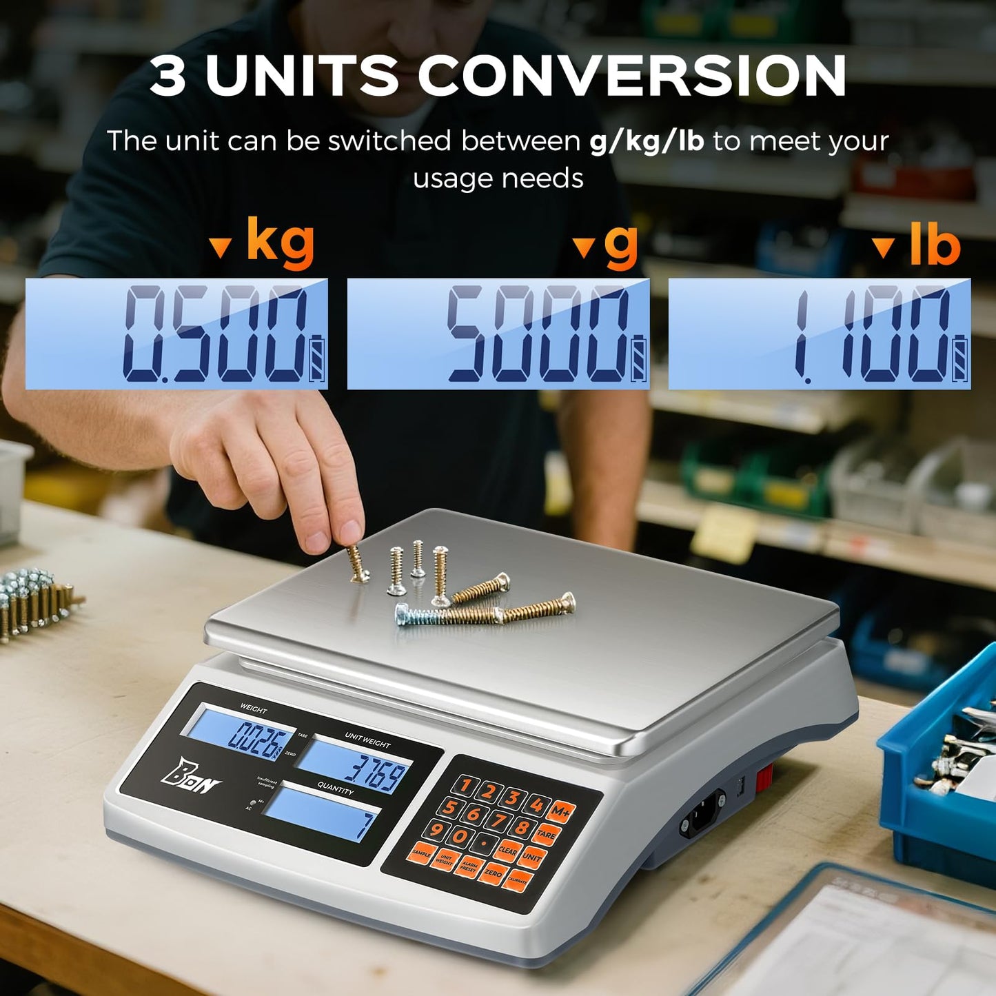 Bonvoisin Counting Scale 30kg/66lb x 0.1g Digital Inventory Industrial Scale with Battery for Small Parts Tickets Pieces