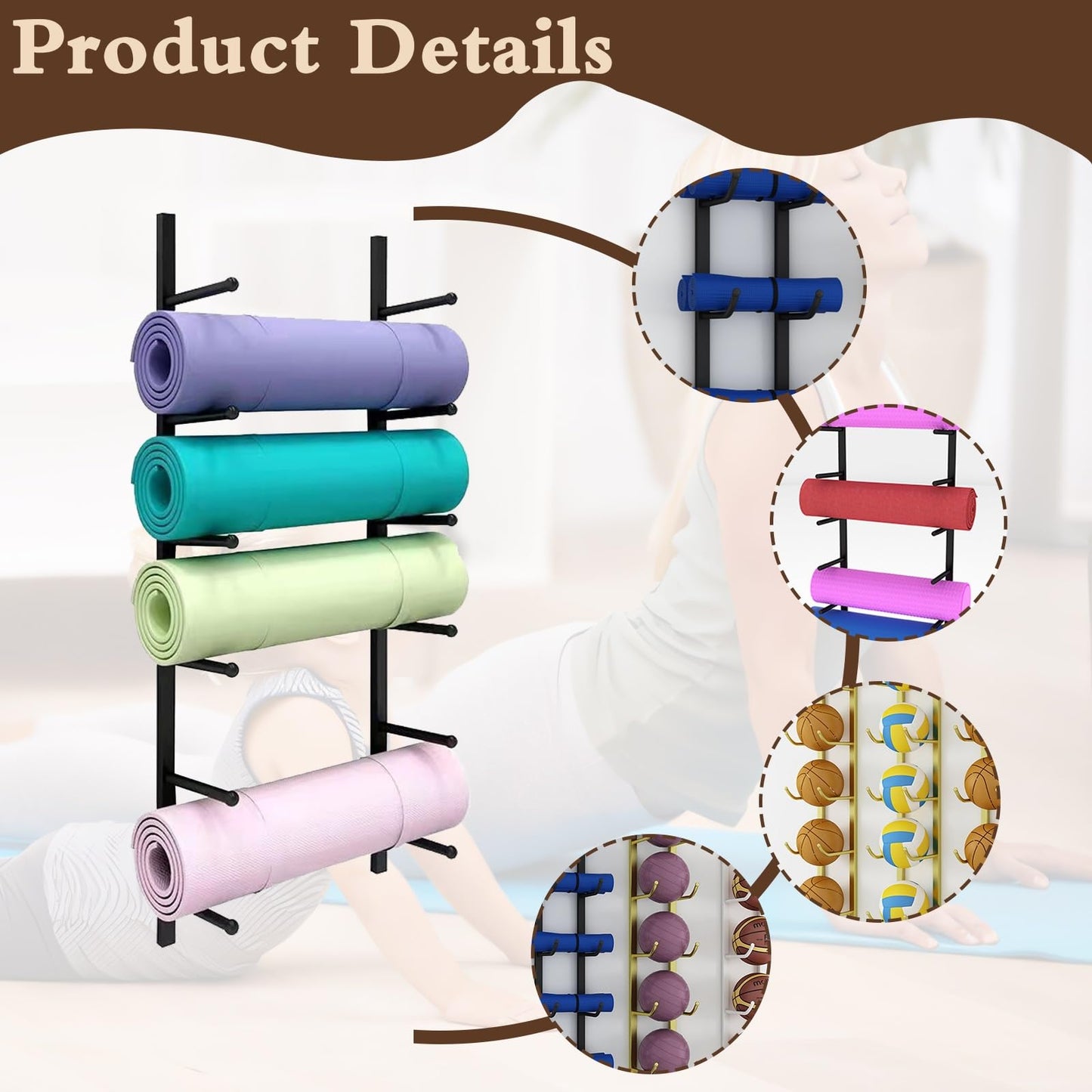 amhricho Yoga Mat Storage Rack, Wall Mounted Yoga Mat Holder, Large Capacity Storage Shelf, Multi-layer Storage, Home Hanging Storage Racks, Suitable for Home, Yoga Studio, Gym, School(Black,5-Tier)