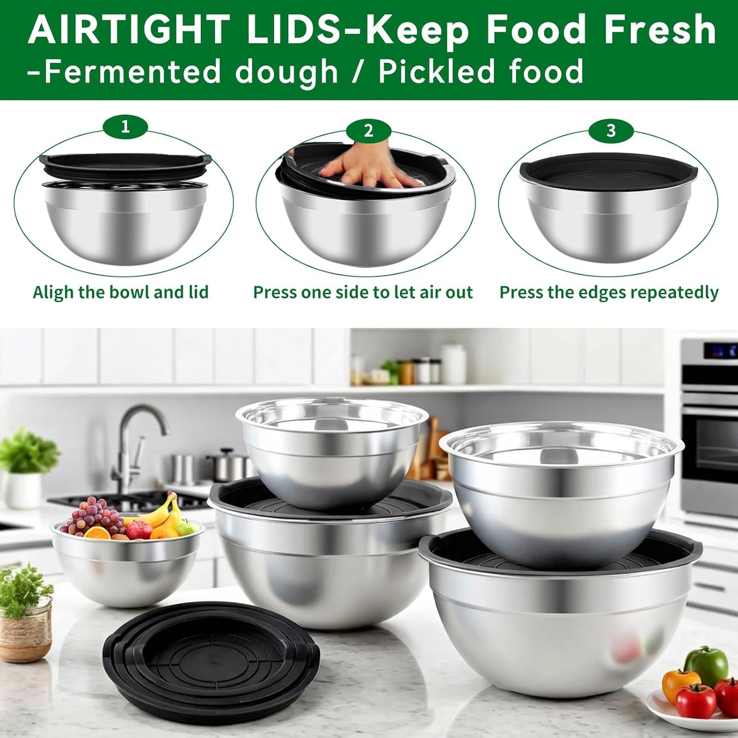 WEPSEN Mixing Bowls Set - 25PCS Stainless Steel Bowls with Lids | Large Nesting Sizes 1.5QT to 7QT