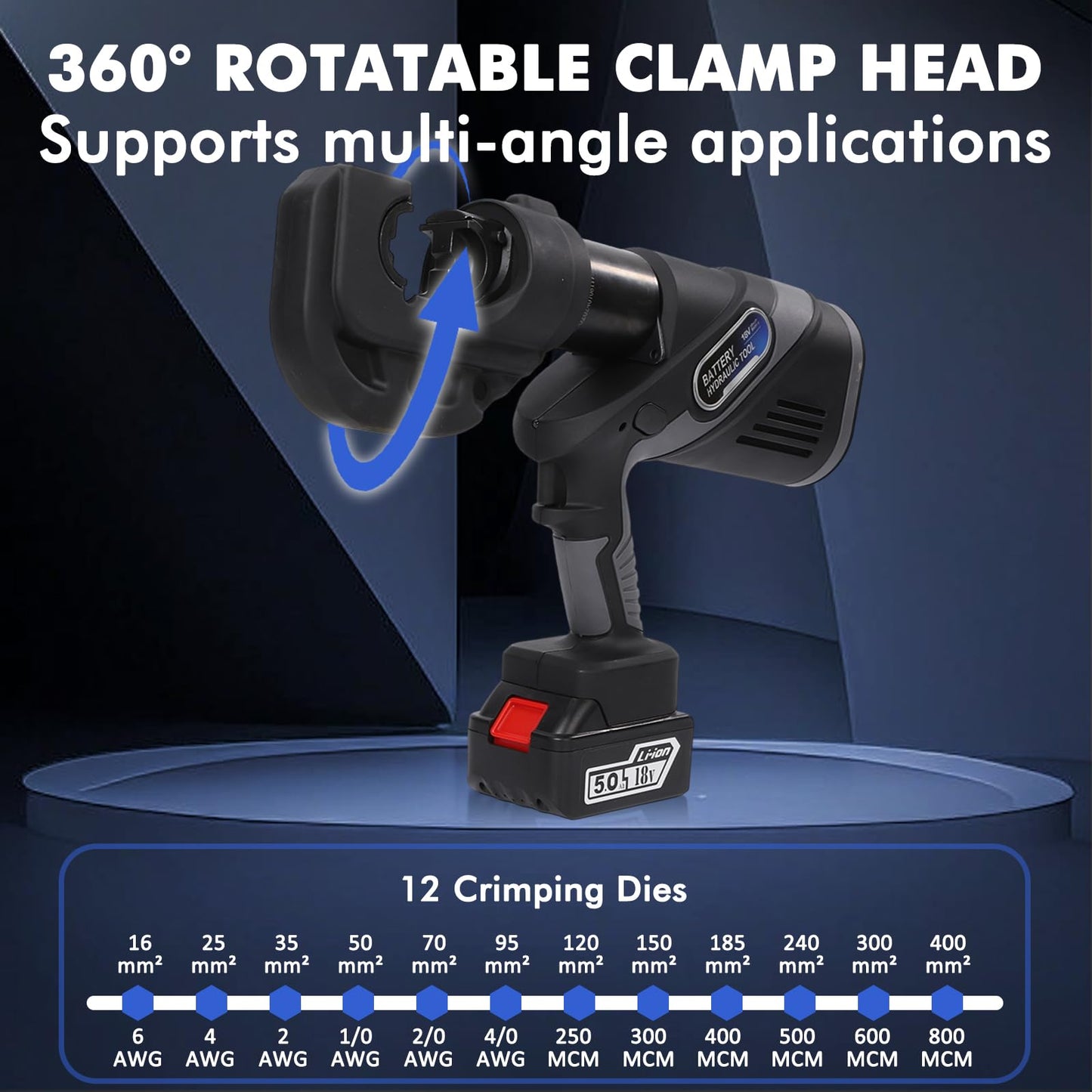 Loriven Electric Crimping Tool Rechargeable for Crimps Cu/Al Terminal 12 Ton 6AWG to 800MCM with 12 Dies Efficiency and Safety Non-Serrated lug crimper Tool(EC-400)