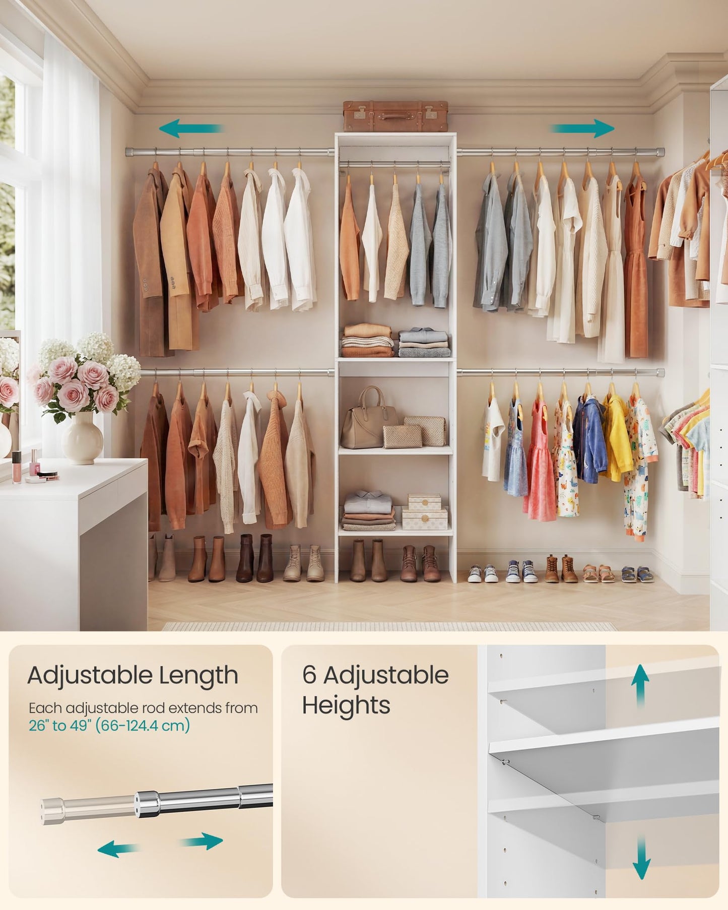SONGMICS Closet System, Customizable Walk-In Closet Organizer System with Adjustable Hanging Rods and Storage Shelves, White, Fits Spaces 4-9.6 ft URGR040WZ01S